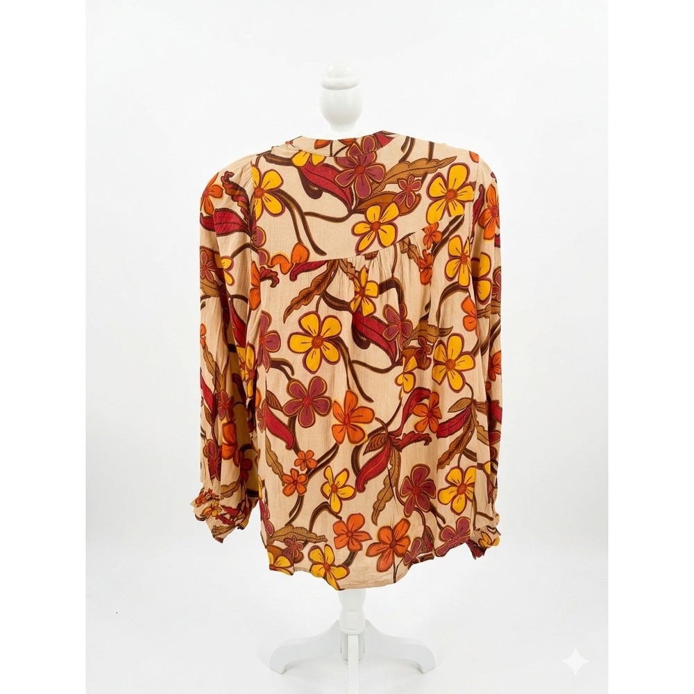 Easel Floral Gauze Top Womens Large Orange Yellow Boho Long Sleeve‎ Blouse